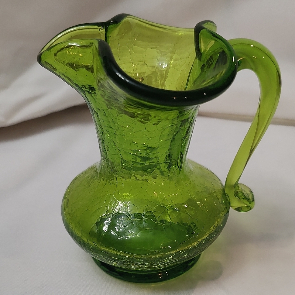 Elegant Vintage Crackle Green Glass Pitcher